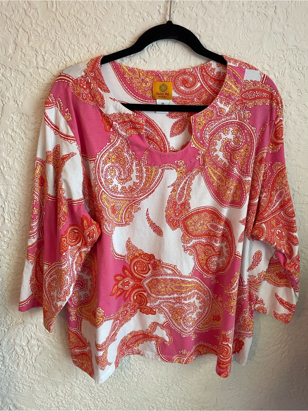 Ruby Rd. Pink & White Paisley Long Sleeve Scoop Neck Top